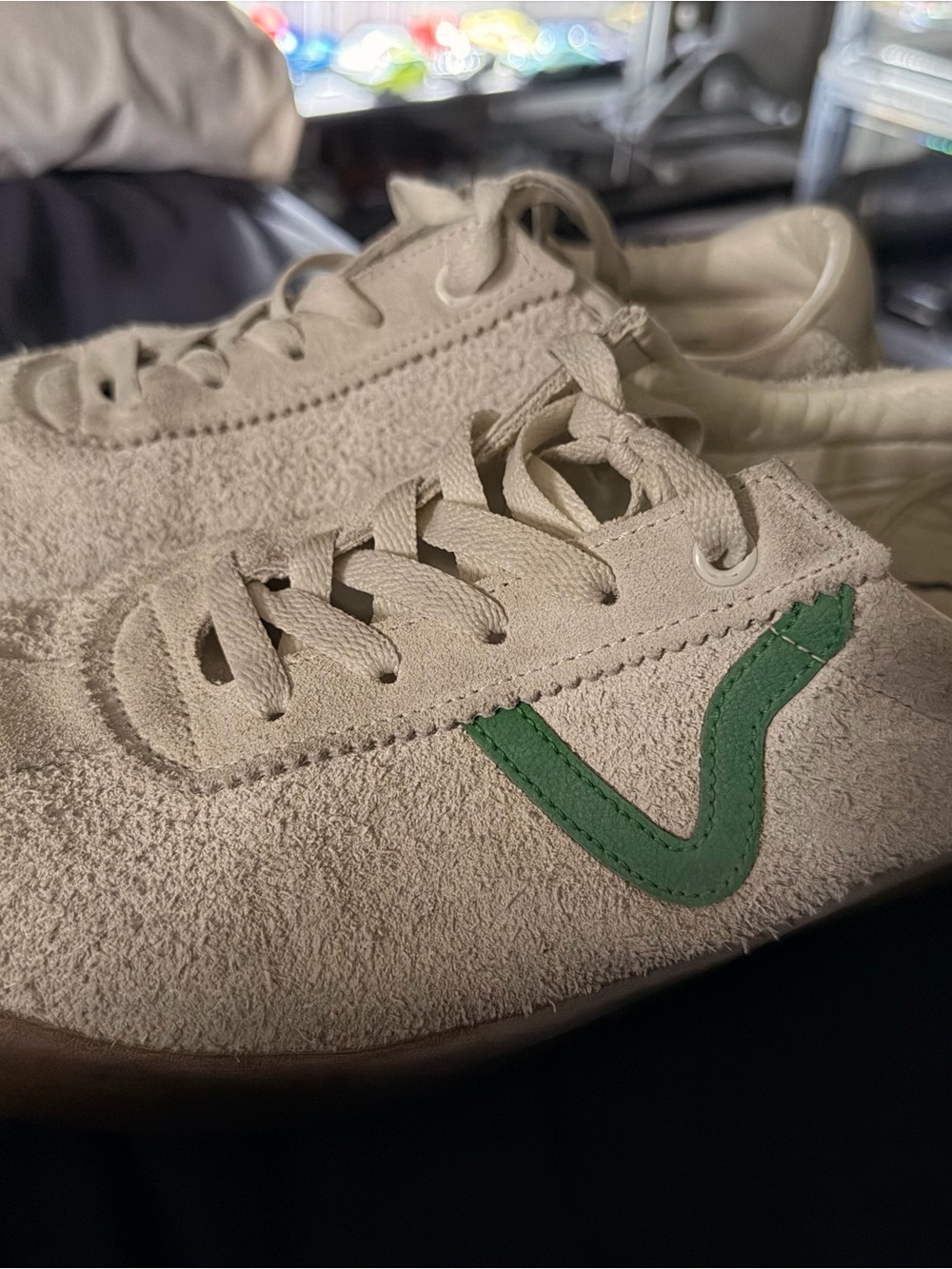 Vans Cream Suede Sneakers with Green Accent